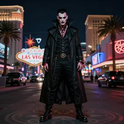 full body portrait of a blood punk vampire, background of las vegas strip at night, occult sigils, cinematic, hyper realism, high detail, octane render, 8k, cgsociety