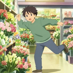 anime visual of a young man shopping at a florist's store, cute face by ilya kuvshinov, makoto shinkai, kyoani, masakazu katsura, dynamic pose, crisp and sharp, yoshinari yoh, rounded eyes, anime poster, cel shaded