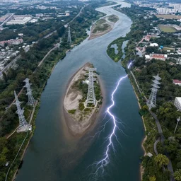 aerial view of river tributaries of electricity and lightning instead of water, highly detailed