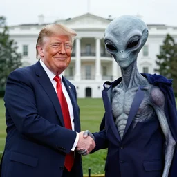 press photo of donald trump shaking hands with a gray alien, 8 k, sharp focus, award winning, white house photo, cnn news, smiling at the camera, evil gray aliens