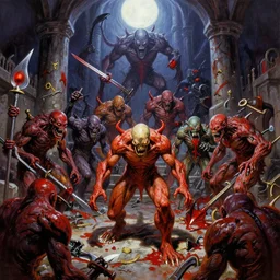 psycho monsters flooding the dungeon halls with weapons and blood, by shigenori soejima, by frank frazetta, digital painting masterpiece, beautiful brush strokes, advanced lighting technology, symmetry!!!