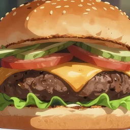 full close up image burger food, close up, full image, food, burger, hamburger, tasty look, artstation, style of jesper ejsing, by rhads, makoto shinkai and lois van baarle, ilya kuvshinov, rossdraws