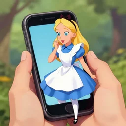 alice in wonderland with a mobile phone, award winning art, cartoon, detailed