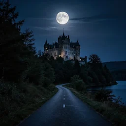 a dark moonlight night, an old castle at the end of the road, forest and lake