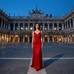 photo of beautiful woman with red dress in the middle of a square of the night inspired by Paolo Roversi