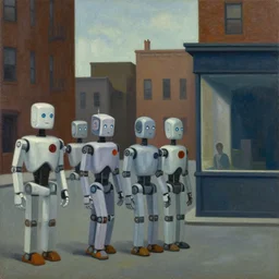 robots queuing up in a stark brutalist town, street elevation, grant wood, pj crook, edward hopper, oil on canvas
