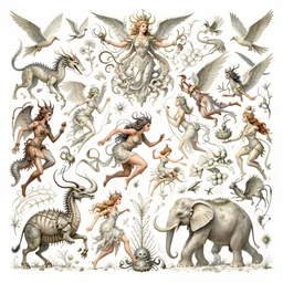 intricate scenery of a delirium of creatures and feminine demons and gods and angels running with dragons elephants centipede and birds into the explosion of god in the act of creating the biggest city landscape ever created in the burning sun of anthropocene
