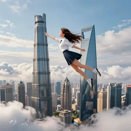 spuergirl flying upon shanghai lujiazui, cityscape, cloud day, artstation, 8 k
