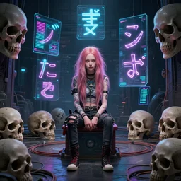 a highly detailed symmetric wide shot of Grimes sitting in a large simulation with skulls and with holographic Japanese symbols and neon computer code, trending on artstationHD