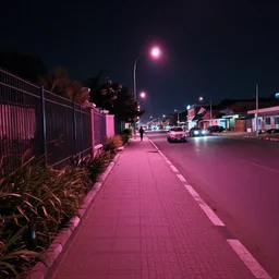 sidewalk view of dar es salaam at night, pink lighting