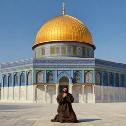 a beautiful oil painting flyer design illustration of dome of the rock jerusalem and a man is praying to god in front of it, intricate, elegant, highly detailed, digital painting, artstation, concept art, smooth, sharp focus, illustration