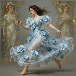 woman dressed in a vaporous wrapped large victorian pale blue roses silk semi-transparent dress fashion is running D&D, fantasy, intricate, elegant, highly detailed, digital painting, artstation, concept art, matte, sharp focus, illustration, art by Artgerm and Greg Rutkowski and Alphonse Mucha