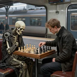 danish person sat playing chess with death in a train station, ultra realistic, concept art, intricate details, highly detailed