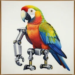 A giant mechanical parrot robot, oil dotwork on canvas by Simon Stalenhag