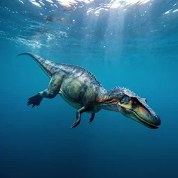 an award winning national geographic photo of a swimming dinosaur deep in the ocean