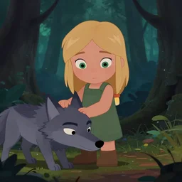 young seven year old, blond hair green eyes ; girl, rinding a gray wolf, in a dark forest, pixar