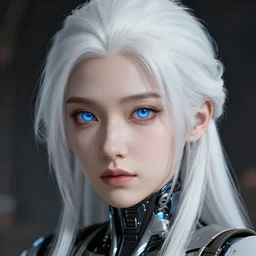 detailed portrait of perfect white haired girl, cyborg, beautiful, pretty face, blue eyes, innocent, scifi, 4 k, sun yunjoo, ultra realistic, warframe, cinematic lighting, highly detailed, sharp focus, artstation, masterpiece, art by hyungjin yang and akihiko yoshida and ruan jia