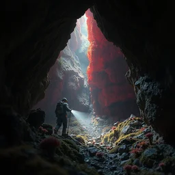 red chromite in the cave, which were covered with moss and fungi. an explorer with a headlamp. super clear details, ultra clear material. 3 d concept art. octane render. cinematic lighting, intricate details.