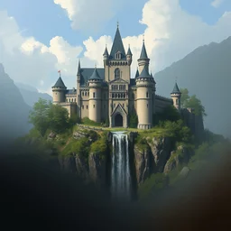 a painting of a castle with a waterfall in front of it, a detailed matte painting by tyler edlin, featured on cgsociety, arts and crafts movement, artstation hq, unreal engine 5, unreal engine. digital painting, vertical, intricate, beautiful, detailed, grunge, sharp focus, abstract art by kuvshino and el lissitzky and artgerm and kandinsky, trending on artstation. gradient darker to bottom