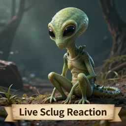 live slug reaction, slug alien looks disgusted off to one side, a banner at the bottom says Live Slug Reaction, the slug alien is disgusted and tired looking, realistic, digital art