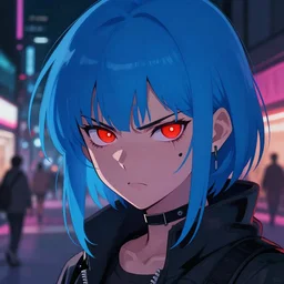 digital illustration closeup of cyberpunk pretty girl with blue hair, looking angry, red glowing eyes in city street at night by makoto shinkai, ilya kuvshinov, lois van baarle, rossdraws, basquiat