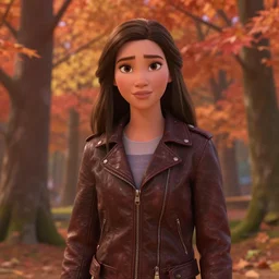 disney princess - style young adult woman in a leather jacket in a maple forest, disney pixar movie still, high detail, natural light, ray tracing, trending on artstation, 4 k ultra hd blu ray