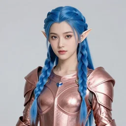 portrait of a regal elf with long blue braided hair wearing rose gold armor, 3 d render by mandy jurgens, artgerm, and lu ji, centered, artsation contest winner, cgsociety, fantasy art, cryengine, concept art, photorealism, daz 3 d, sketchfab, zbrush, vray : 1 | helmet : - 1
