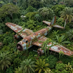 a crashed rusty hercules bomber plane in the jungle. overgrown. vines. aerial - shot. highly detailed. trending on artstation