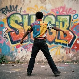 album cover of a black man from behind in moon walk dance pose in front of a wall, colourful shuggar raffiti, 8 0's funk, vintage