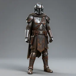 the mandalorian in medieval style armor, rusty iron, scale mail, hide, star wars, looking at viewer, very detailed, octane render, photography, full body shot, 8 k
