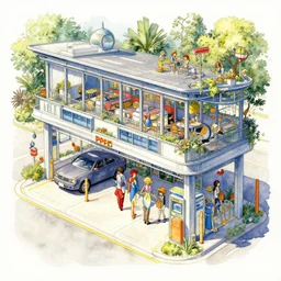 a beautiful insanely intricate watercolor illustration of a modern parking station, colorfull, by william turner art, by greg rutkowski, by james jean, by rossdraws, by frank franzzeta, by sakimichan, by edmund dulac, trending on artstation, insanely detailed, masterpiece,