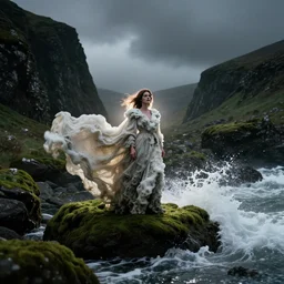 dark and moody 1 9 7 0's artistic spaghetti western film in color, a woman in a giant billowy wide flowing waving dress made out of sea foam, standing inside a green mossy irish rocky scenic landscape, crashing waves and sea foam, volumetric lighting, backlit, moody, atmospheric