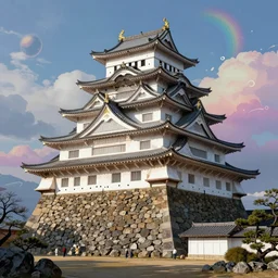himeji castle in a psychedelic realm hidden away in a pocket of ethereal understanding, japanese castle, in the style of greg rutkowski, and wlop, and lisa frank, and bob ross, and ruan jia, illustration, epic, fantasy, hyper detailed, smooth, unreal engine, sharp focus, ray tracing