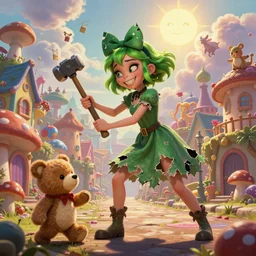 cartoon an evil girl in torn dress and green crumpled hair and torn bow on her head with smile hits hammer on painted teddy animals in a fabulous city with colorful structures a street with houses made of mushrooms and sweets fairy tale, comic, the sun smiles, magical clouds with flying locks, fairy beasts in the background