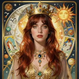 florence welch portrait by louis - theophile hingre and alphonse mucha, realistic, sharp focus, zodiac signs, tarot cards, planets, ethereal, art nouveau, magic, moon, sun, crown, dreamy, royal, jewellery