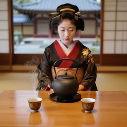 full view of ceremony of tea, a geisha, old traditional japanese tea pot, two smoky cup of tea on a wood table, smooth lightings, japanese zen temple detailed background, micro details, ( ( ( ( intricate ) gold details ) ) ), photorealism, crisp, hasselblad camera, by annie leibovitz and moebius