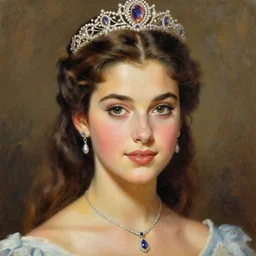 clothed in dress, tiara, necklace, earrings. close - up face portrait painting of young princess, rule of third, by boris vallejo and frank frazetta.