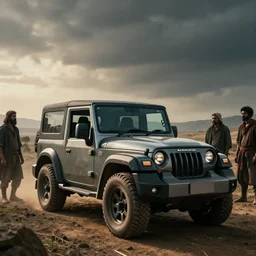 Mahindra thar, tribe members watching nearby, an epic fantasy, dramatic lighting, cinematic, establishing shot, extremely high detail, photorealistic, shot on red camera, cinematic lighting, matte painting, artstation, by simon stalenhag, horizon fobidden west