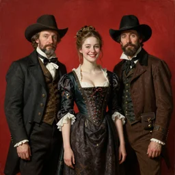 Solomon Joseph Solomon and Richard Schmid and Jeremy Lipking victorian genre painting portrait painting of a happy young beautiful woman traditional german french actress model old west character in fantasy costume, red background