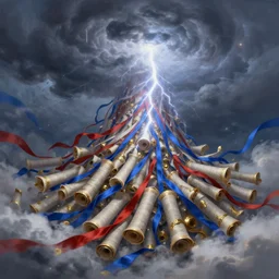 Storm of scrolls and red, blue, white, gold ribbons. Clouds, lighting. Fantasy, digital painting, HD, 4k, detailed.