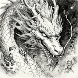 highly detailed picture of great dragon, sketch, manga, edge of the universe, perfectly face, highly detailed, masterpiece, trending on artstation, golden ratio, cinematic romantic magical, perfect intricate highly detailed painting by akira, masashi kishimoto,, digital art