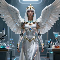 perfect white haired attractive egyptian goddess with huge white dove wings, warframe armor, beautiful, symmetric, dreamy, half asian, pretty face, blue eyes, detailed, scifi platform, laboratory, experiment, 4 k, ultra realistic, epic lighting, android body, illuminated, cinematic, masterpiece, art by akihito tsukushi, voidstar