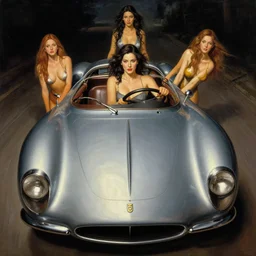 3 d fisheye, very low angle, wide angle, painting showing olivia munn driving exaggerated 1 9 3 0 s car with woman driving, shiny, aerodynamic, dramatic lighting, sultry, sensual, vargas, elvgren, manara, mucha, loish, moebius, greg rutkowski, wlop,
