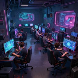1 9 8 0 s, synthwave, two boys playing game at a spacious gaming room with their hi - tech gaming setup, intricate, highly detailed, spacious, indoor, artstation, art by filip hodas and artgerm