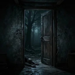 photo of darkness crawling out from open basement door, omnious scenery, creepy photo