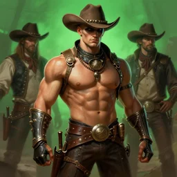 steampunk male bald bodybuilder cowboy, wildwest background, digital painting, green light, detailed, highly detailed, smooth, sharp focus, illustration by ruan jia and mandy jurgens and william - adolphe bouguereau, artgerm