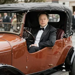 elon musk sitting in a 1920's car