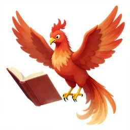 A webcomic illustration of a phoenix reading a book