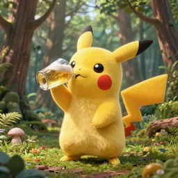 a magical pikachu in a forest drinking beer, digital art, wide shot, highly detailed, hyperrealistic, photorealistic, unreal engine 5, very detailed,  made by a professional 3d artist, dynamic lighting, trending on artstation, 4k uhd, epic composition, masterpiece