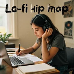 lo-fi hip hop album cover, girl studying while wearing headphones